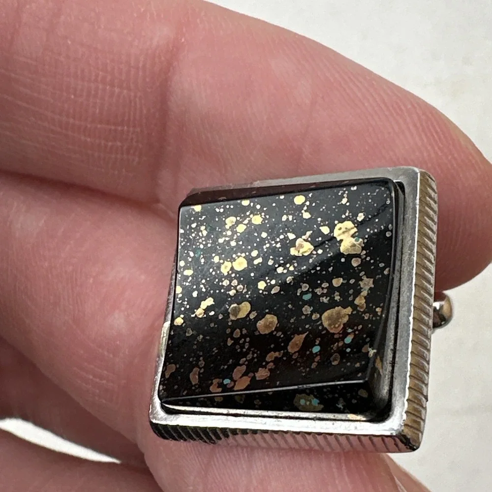 Vintage Anson Cufflinks & Tie Clip Set Silver Black Gold Turquoise Flakes